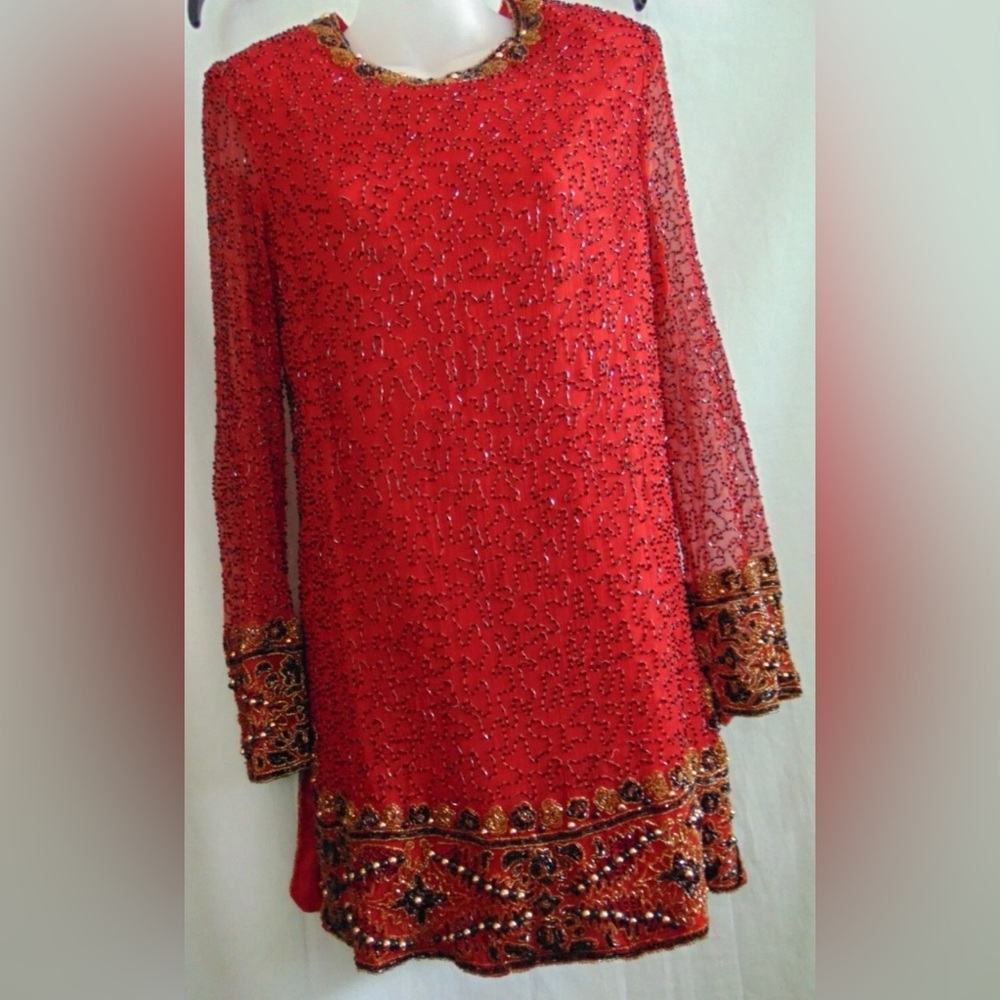 Laurence Kazar New York Red Silk Beaded Dress with Gold Accents mini dress